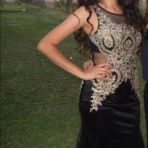 Long black dress with gold mermaid dress